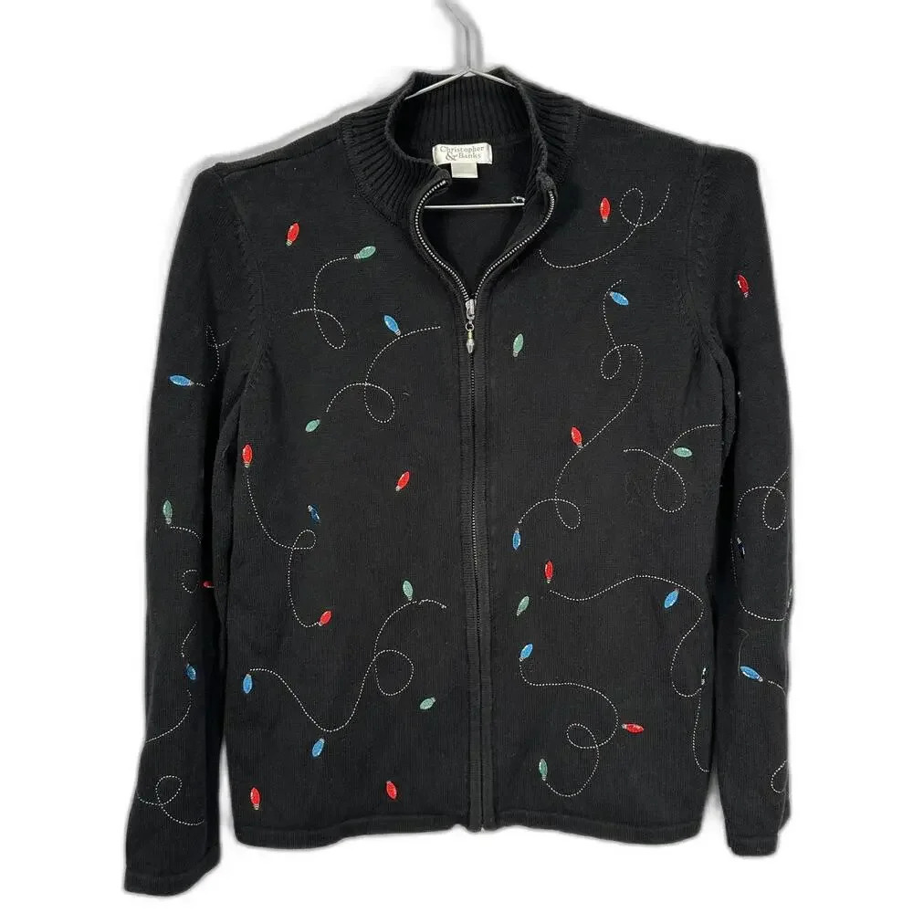 Vintage Christopher & Banks Black Christmas Lights Sweater M